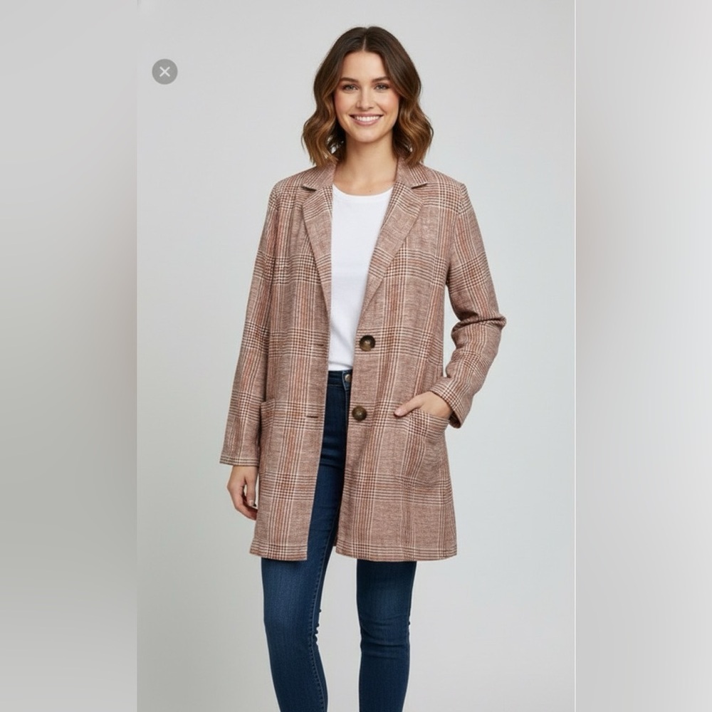 J. Jill Plaid Long Blazer Jacket in Brown and Cream